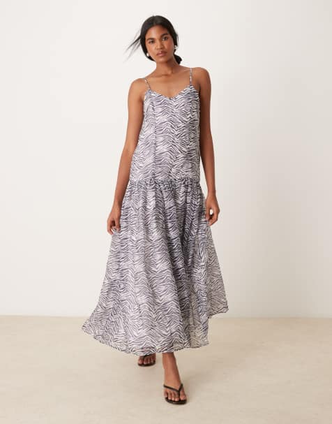 Ghospell Cameron dropwaist zebra midi dress in mono