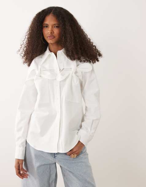 Ghospell - Camicia a maniche lunghe in cotone bianca con fiocco - view 1