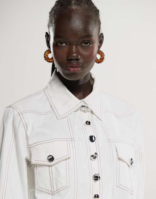 Ghospell - Camicia color avorio con cuciture a contrasto in coordinato