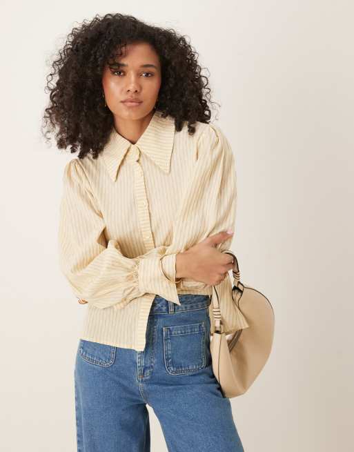 Ghospell - Camicia in cotone gialla a righe con dettagli arricciati