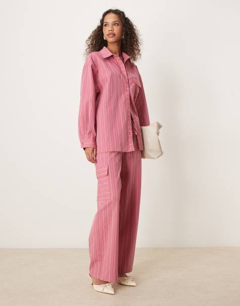 Ghospell cargo pocket pants in pink stripe - part of a set - view 1