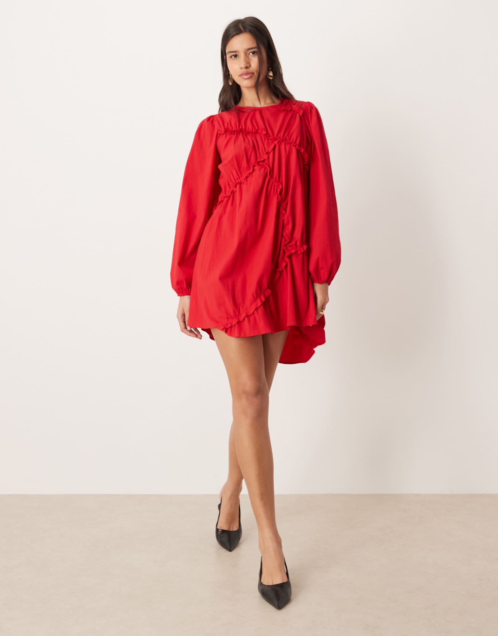 Красное мини-платье с асимметричными рюшами из текстурированной хлопчатобумажной смеси Ghospell Caro