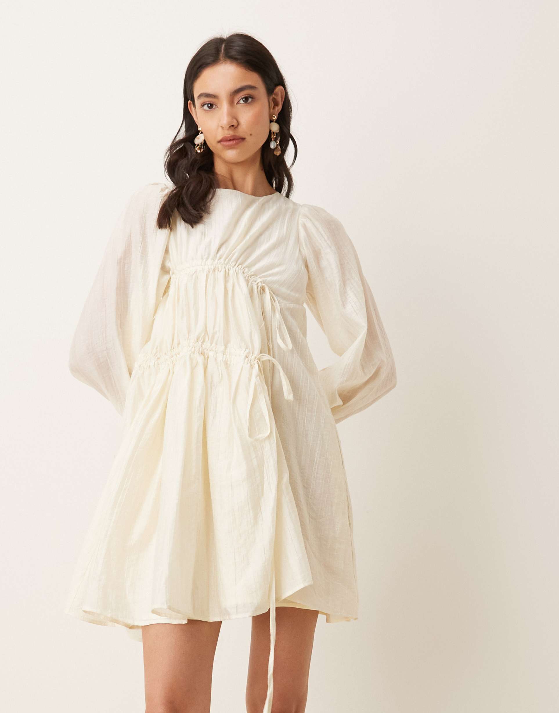 ghospell catalina exclusive gathered bow tie detail cinched sleeves mini dress in cream
