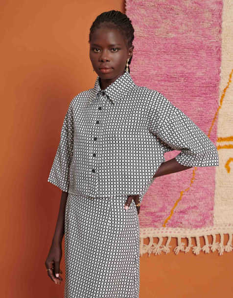 Ghospell check cropped shirt co-ord in black and white - view 1