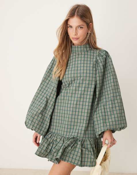 Ghospell check print mini dress in green - view 1