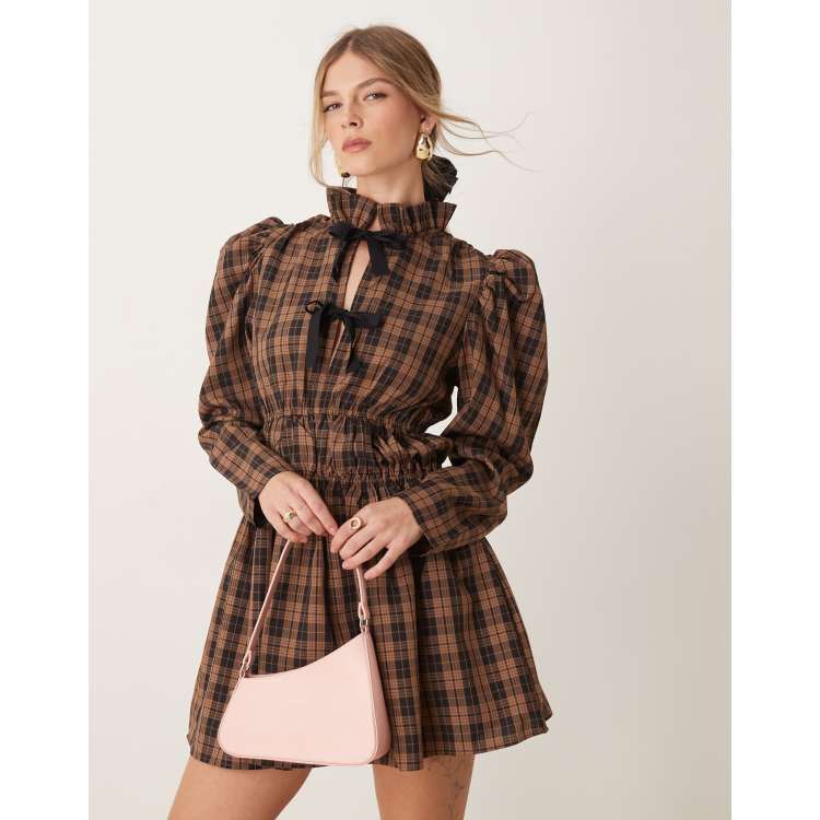 Ghospell check print mini dress in tan and black check | ASOS