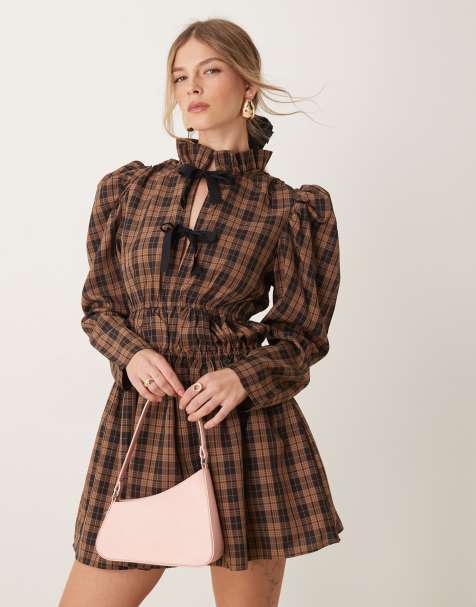 Ghospell check print mini dress in tan and black - view 1