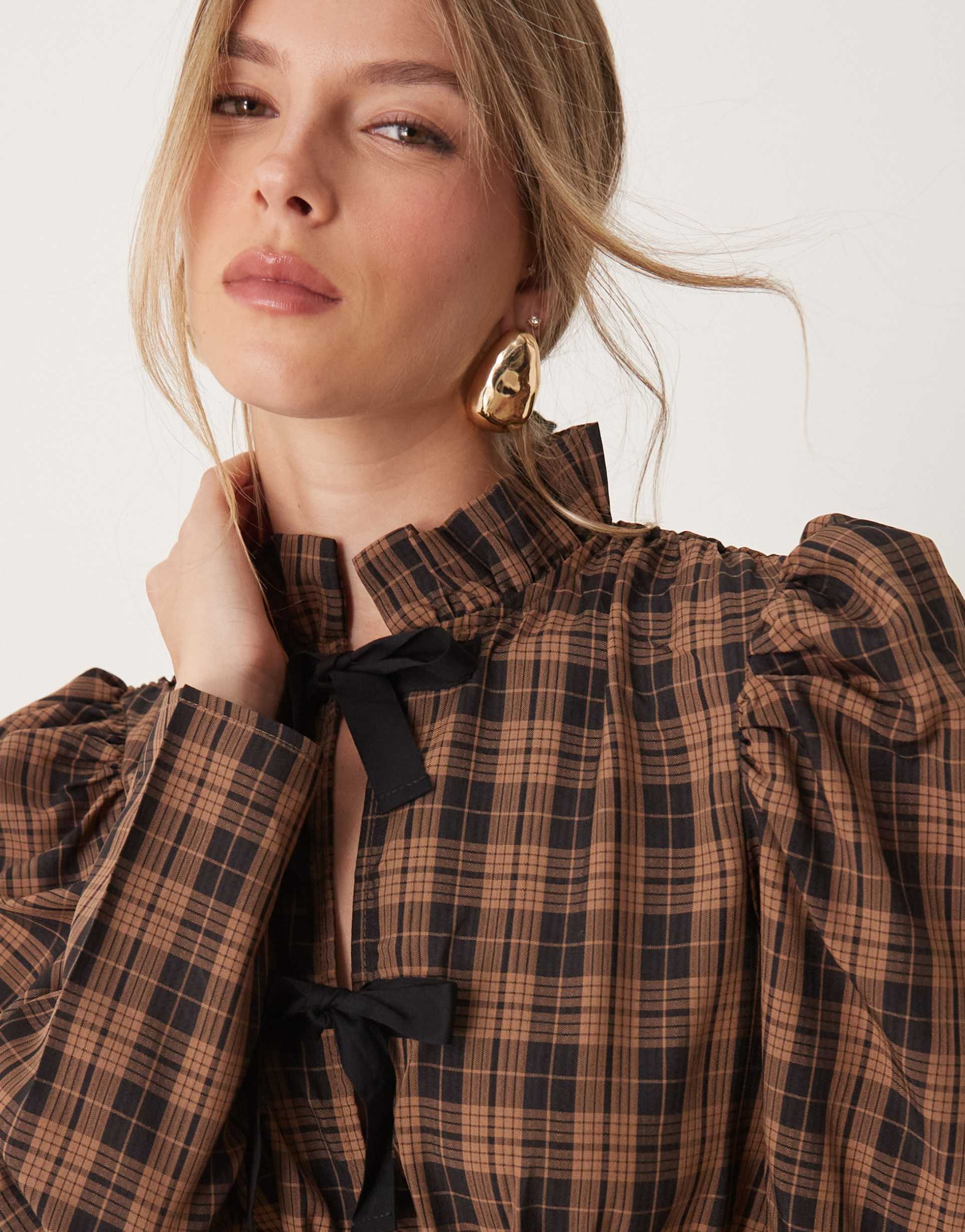 ghospell check print mini dress in tan and black