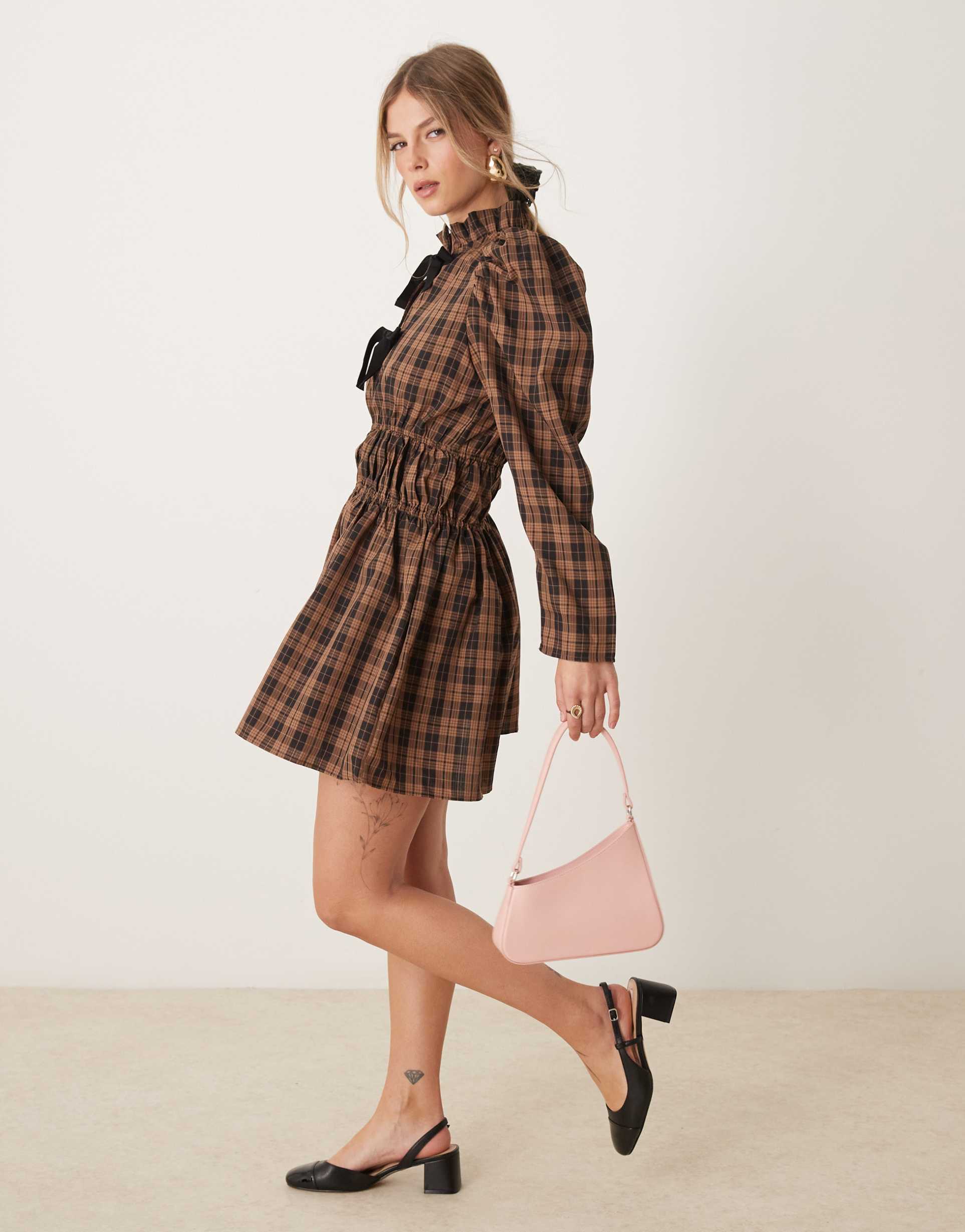 ghospell check print mini dress in tan and black
