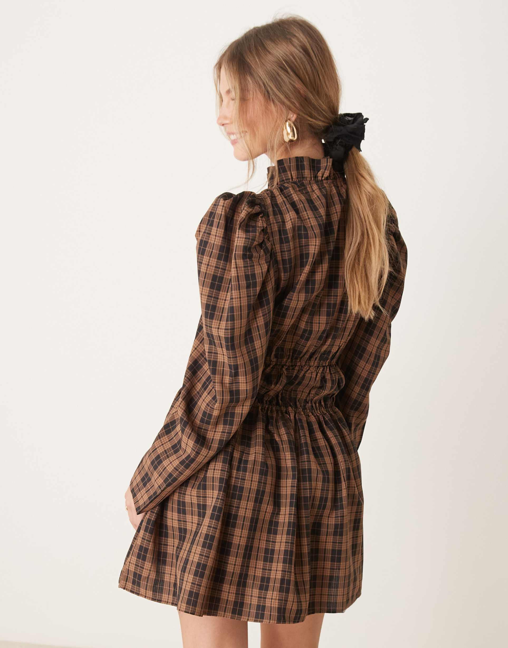 ghospell check print mini dress in tan and black