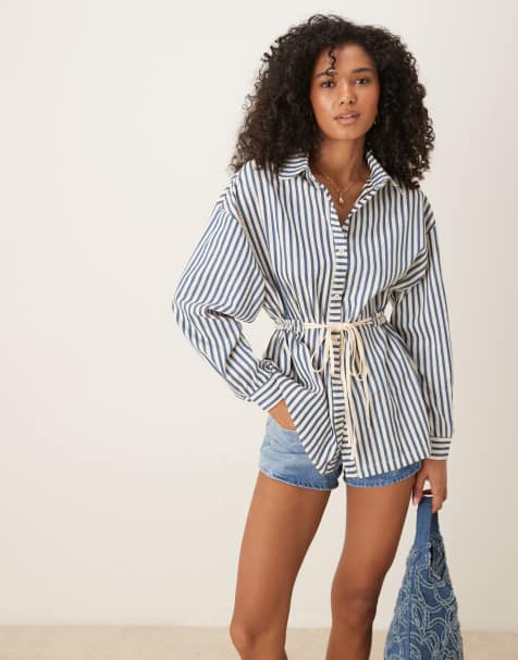 Ghospell cinched shirt with contrast bows in blue stripe - view 1