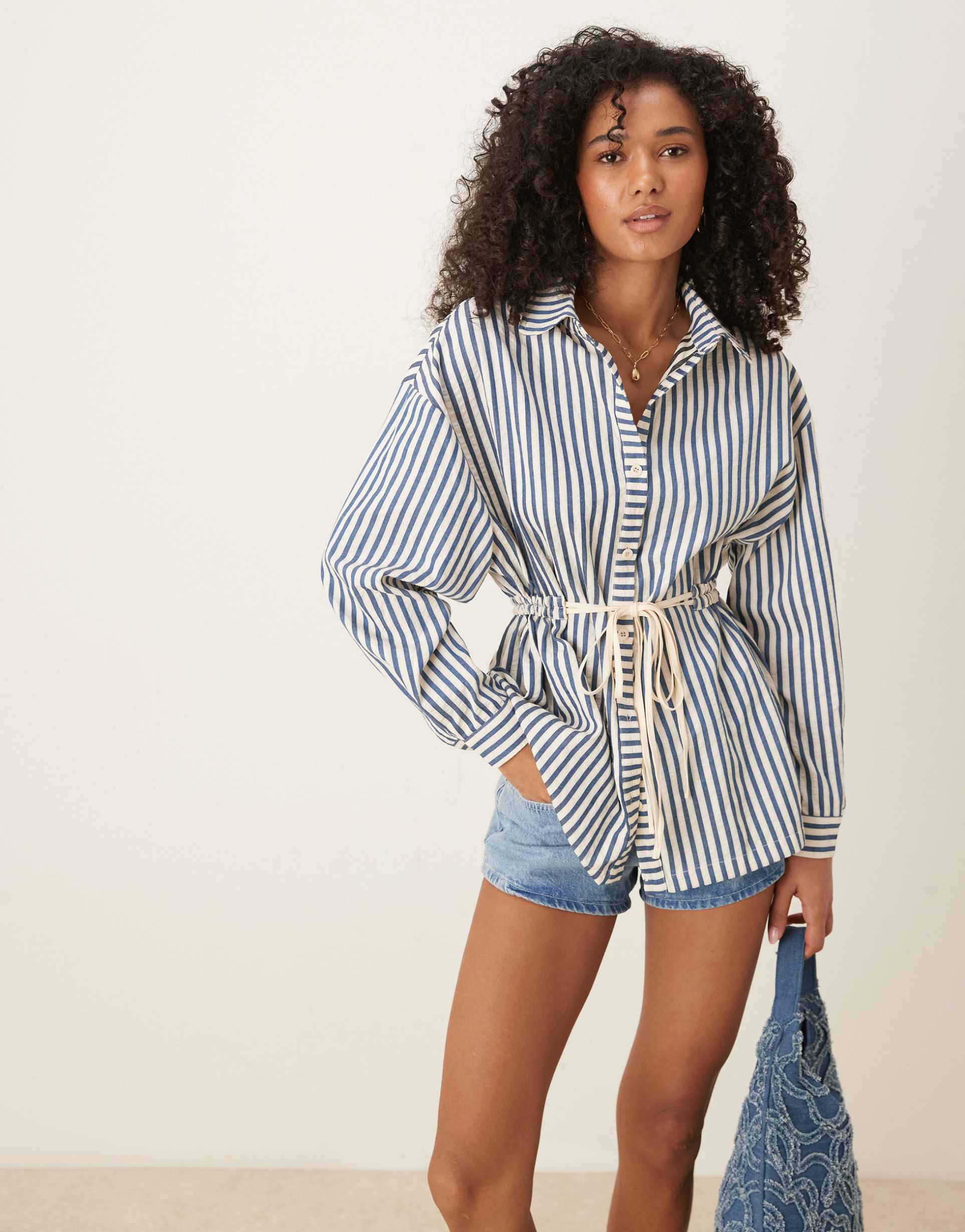 ghospell cinched shirt with contrast bows in blue stripe