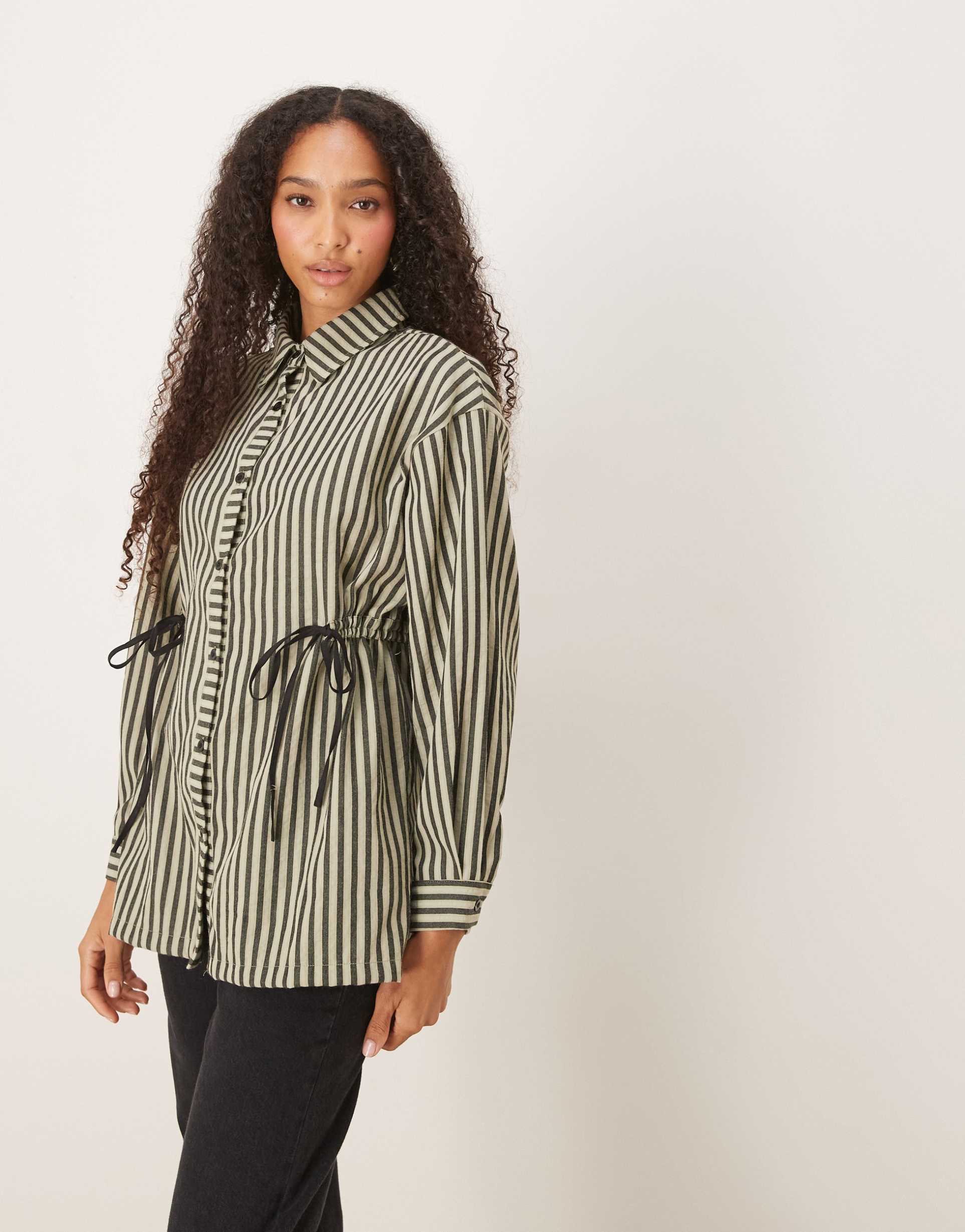 ghospell cinched shirt with contrast tie in khaki-green stripes