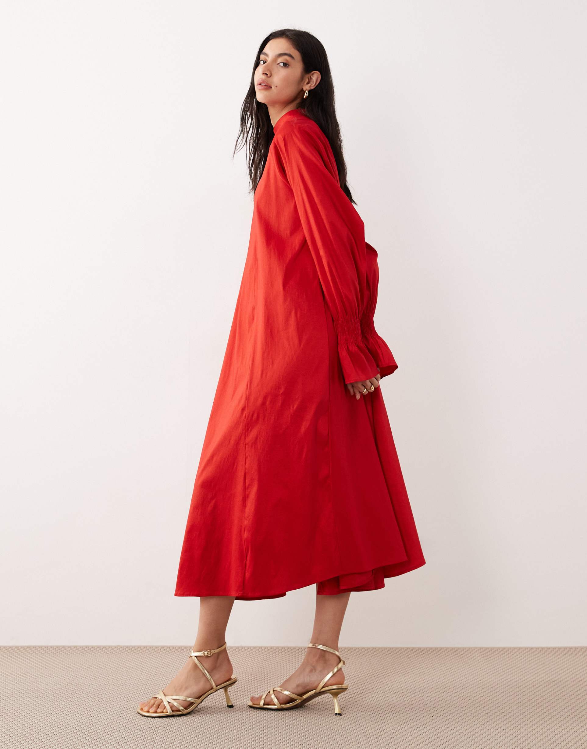 ghospell clarissa taffeta high neck shirred wrist bell sleeve midaxi dress in red