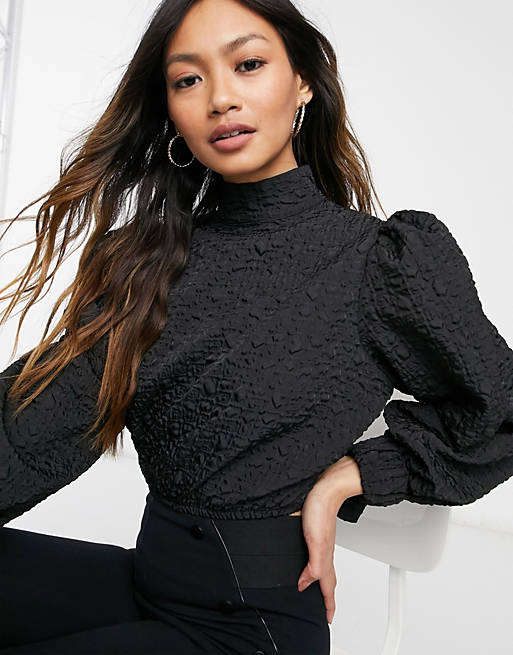 Tops Ghospell cocoon sleeve backless blouse with bow in black 