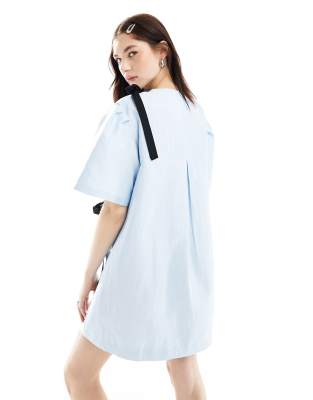 ghospell contrast bow jacquard mini dress in dusty blue