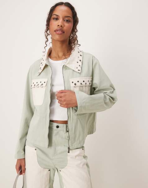 Ghospell contrast denim jacket in ligjt green - view 1