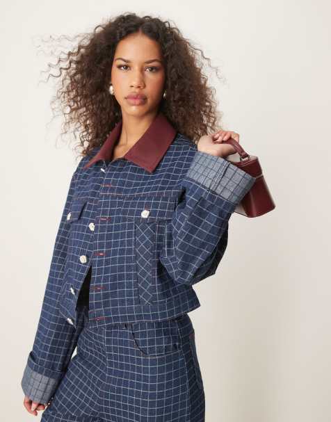 Ghospell contrast PU collar denim jacket co-ord in blue check - view 1