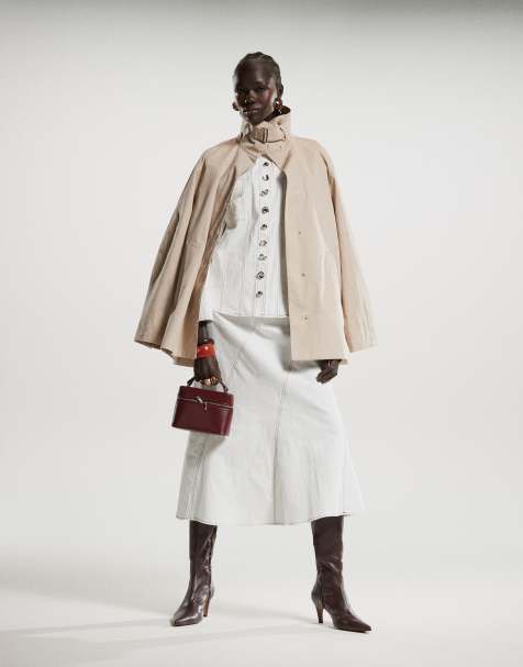 Ghospell contrast stitch midi skirt co-ord in ivory