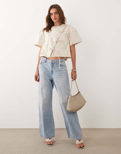 Ghospell cotton asymmetric bow detail boxy short sleeve boxy top in beige, 2 of 4