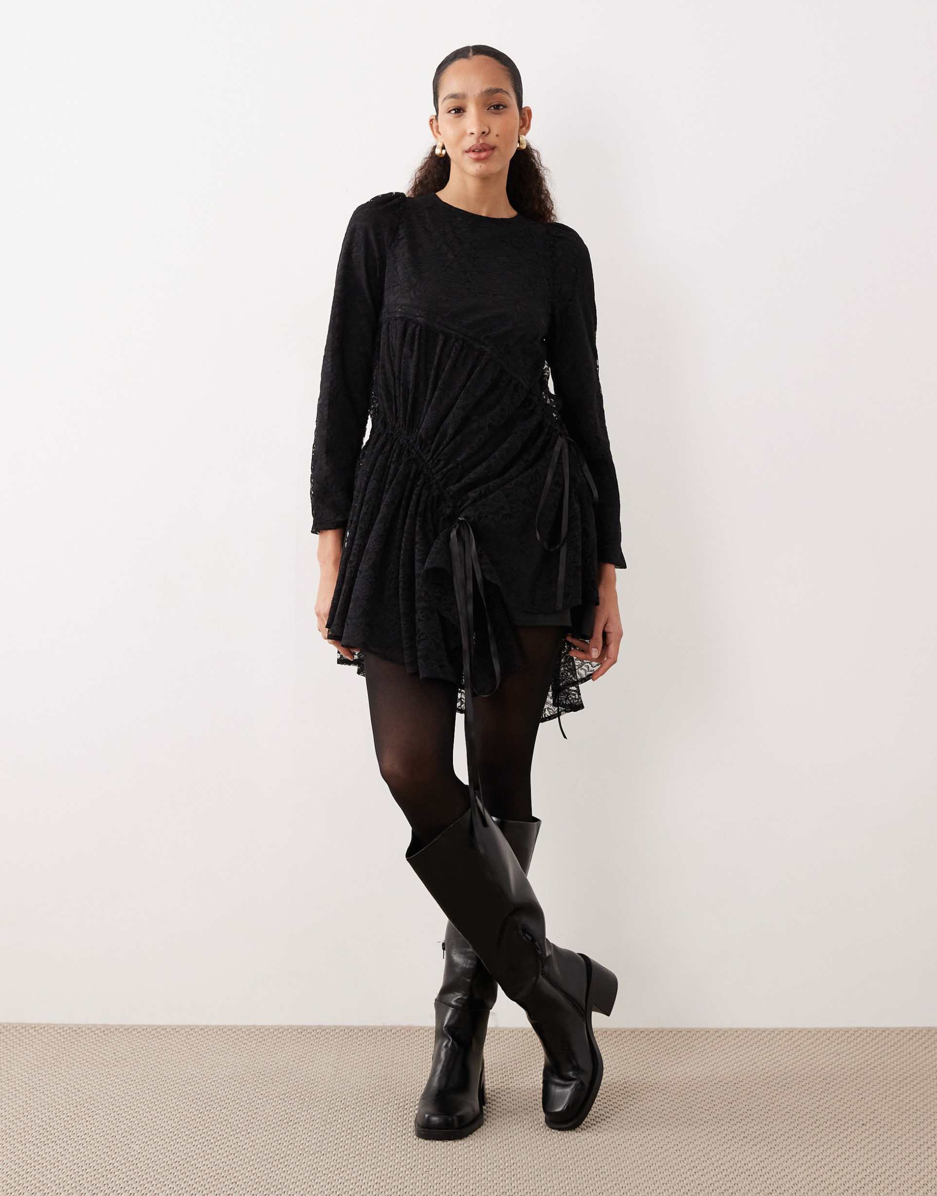 ghospell cotton blend lace ruched tie detail mini dress in black