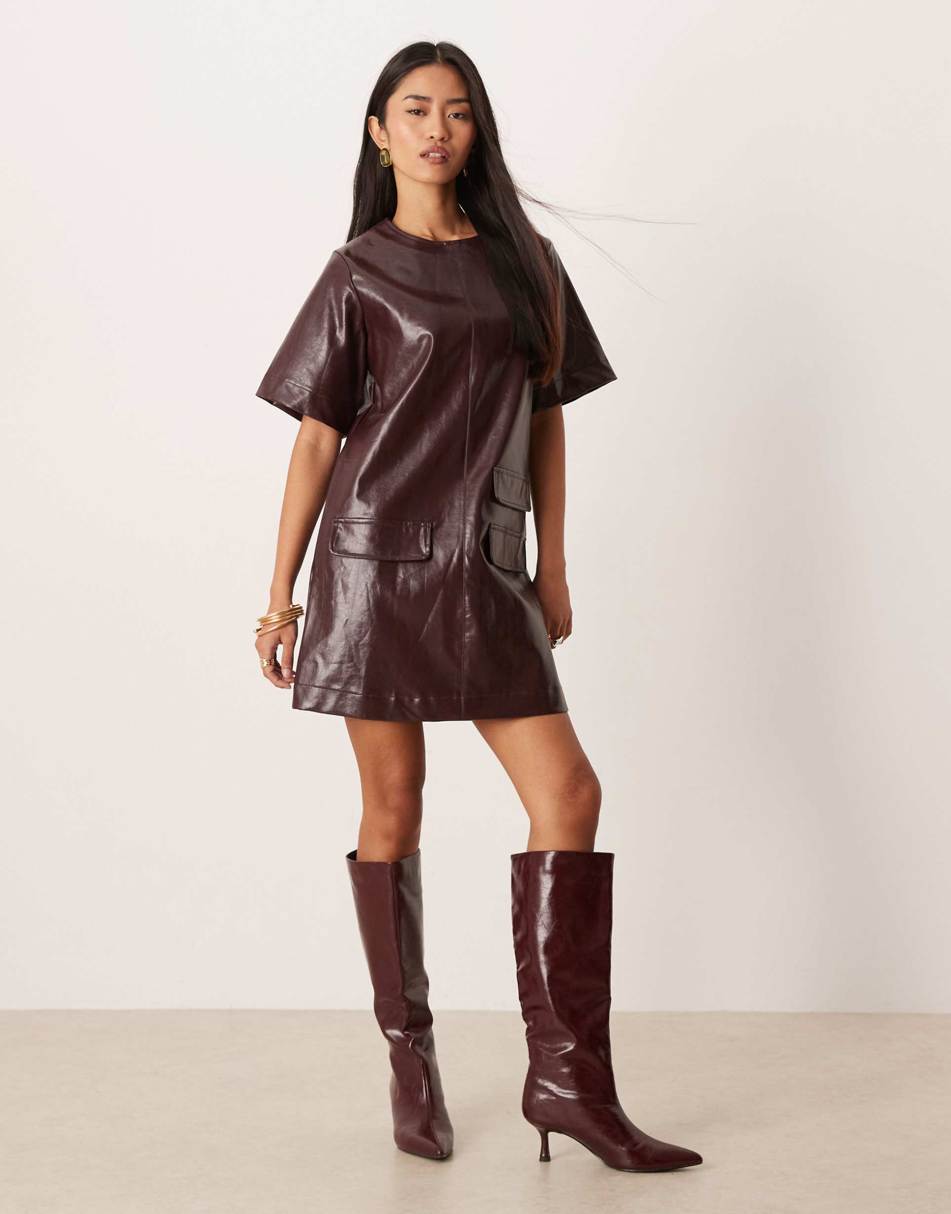 ghospell cotton blend leather look pocket detail mini dress in burgundy