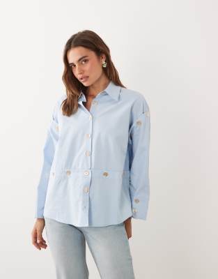 Ghospell Cotton Blend Multi-wear Button Placket Long Sleeve Shirt In Blue