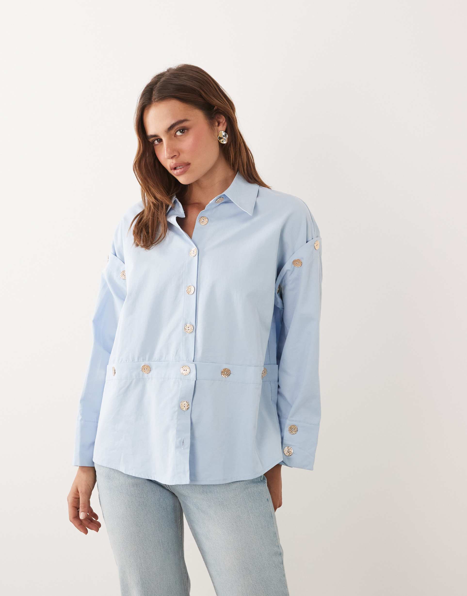 ghospell cotton blend multi-wear button placket long sleeve shirt in light blue