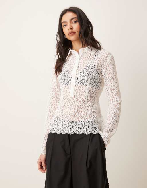 Ghospell cotton blend open knit lace button up scallop edge shirt in ivory, 2 of 4