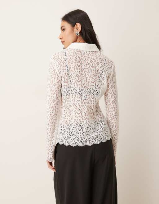 Ghospell cotton blend open knit lace button up scallop edge shirt in ivory, 4 of 4