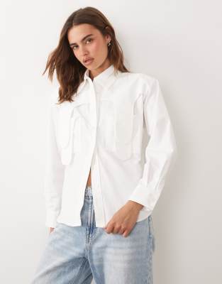 Ghospell Cotton Bow Detail Long Sleeve Shirt In White