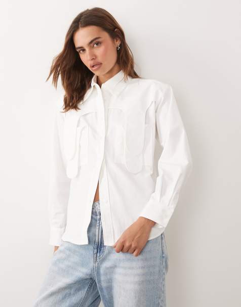 Ghospell cotton bow detail long sleeve shirt in white - view 1