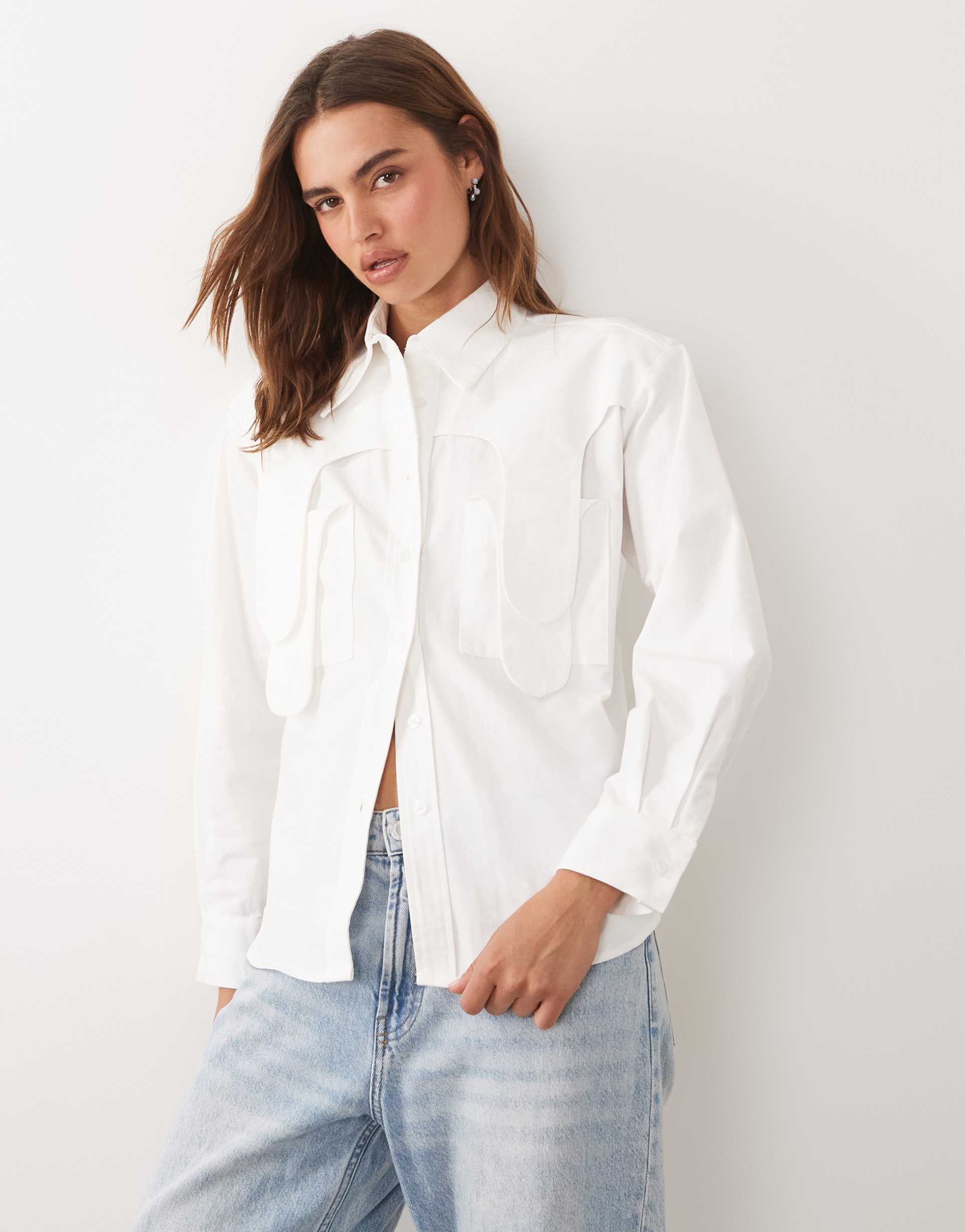 ghospell cotton bow detail long sleeve shirt in white