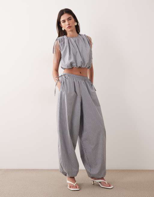Ghospell cotton bubble drawstring detail top in blue gingham (part of a set), 2 of 4