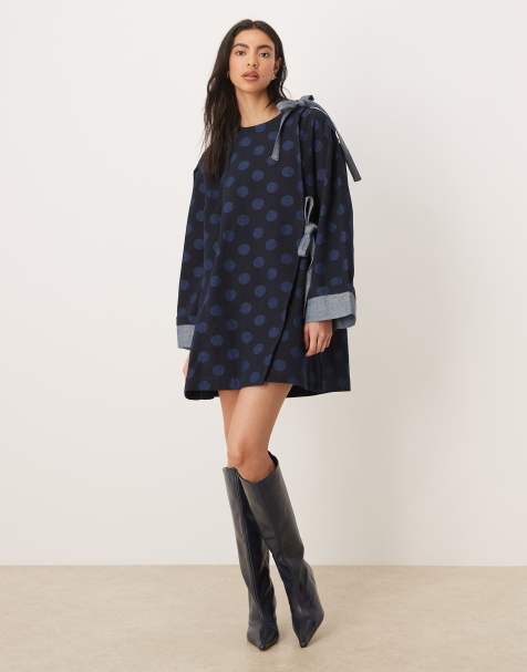 Ghospell cotton exclusive denim bow detail boxy mini dress in polka dot - view 1
