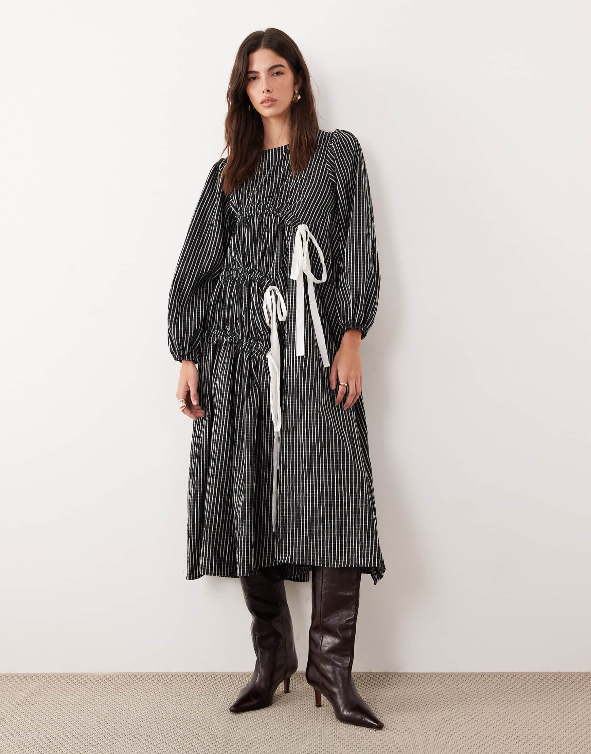 ghospell cotton rich ruched bow detail midi dress in black stripe