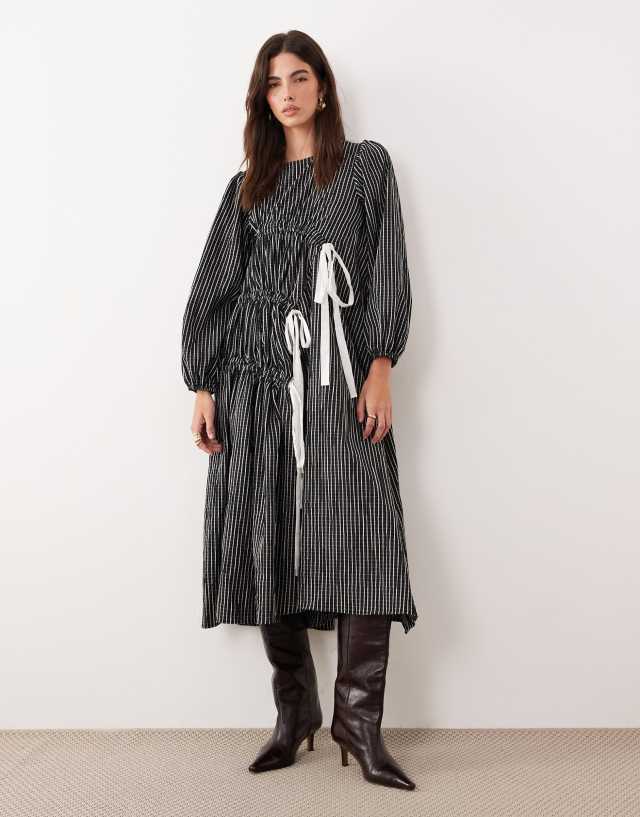 black and white striped cotton dress Ghospell rich ruched bow detail midi in stripe Womens dresses Size:M(36) lace-trim Original Contour Optimum Halter blend crochet knit