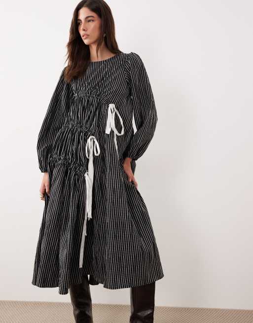 Ghospell cotton rich ruched bow detail midi dress in black stripe, 4 of 4