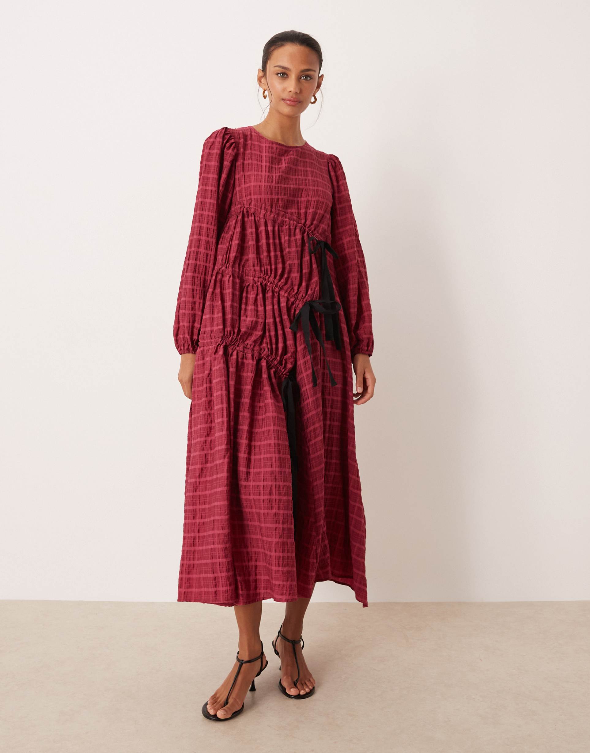 ghospell cotton rich ruched detail midi dress in wine plaid print