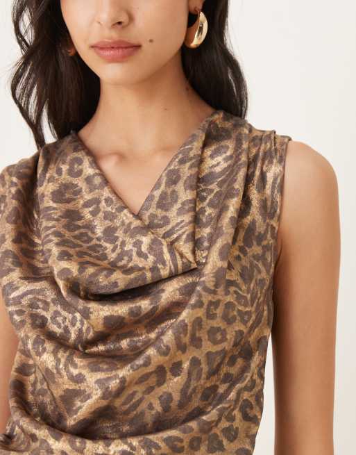 Ghospell cowl neck mini dress in gold leopard, 4 of 4