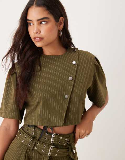 Ghospell cropped pinstripe top co-ord in green - view 1