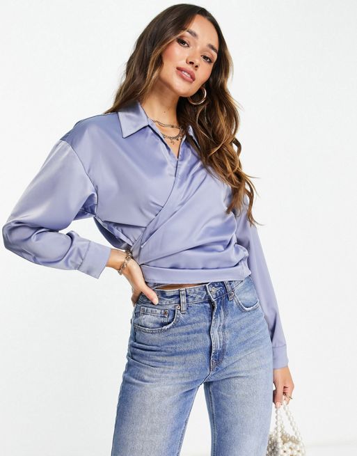 Ghospell cropped satin shirt with tie waist detail