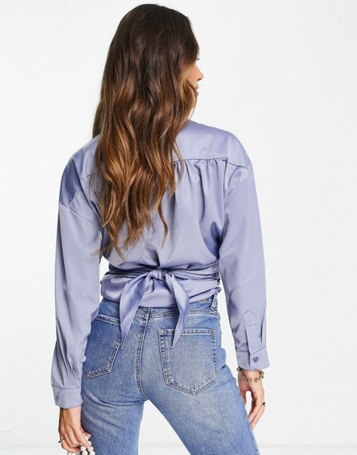 Ghospell cropped satin shirt with tie waist detail