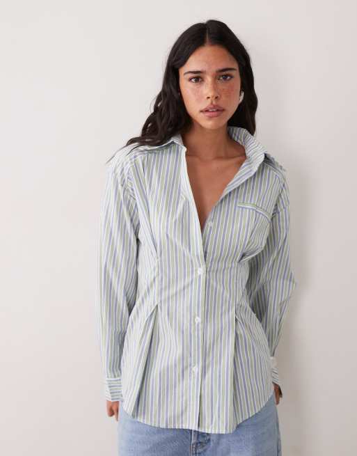 Ghospell - Delta - Camicia a maniche lunghe azzurra a righe con vita stretta, 2 di 4