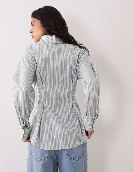 Ghospell - Delta - Camicia a maniche lunghe azzurra a righe con vita stretta, 4 di 4