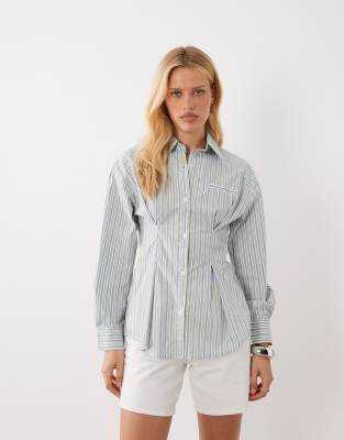 Ghospell Delta Cinched Waist Detail Long Sleeve Shirt In Blue