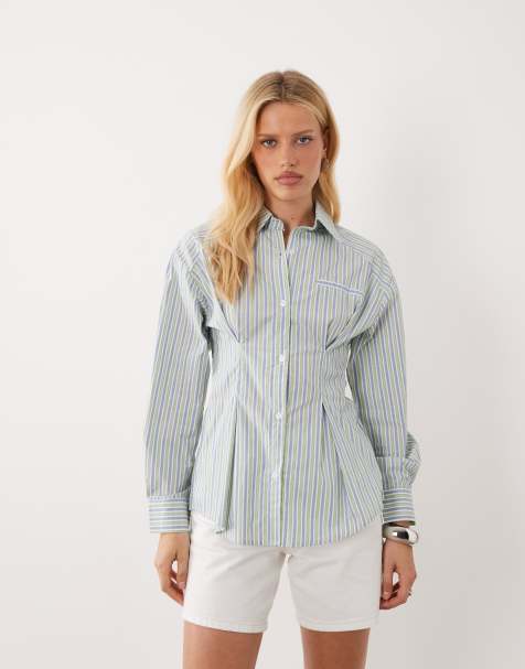 Ghospell Delta cinched waist detail long sleeve shirt in light blue prinstripe - view 1