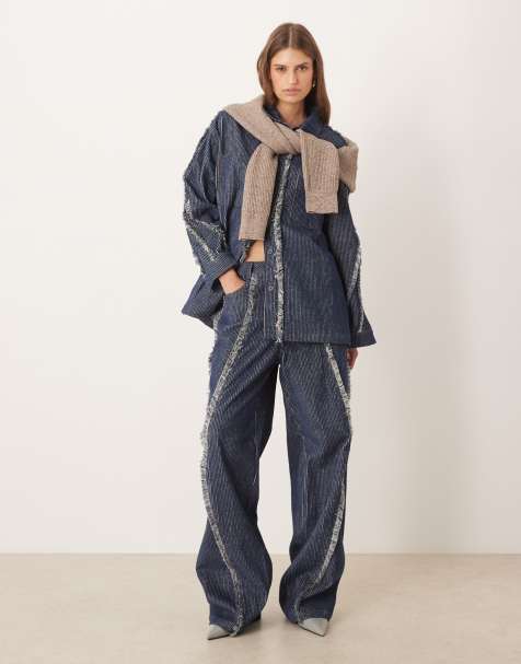 Ghospell denim cord jeans with frey detail in blue (Part of a set) - view 1