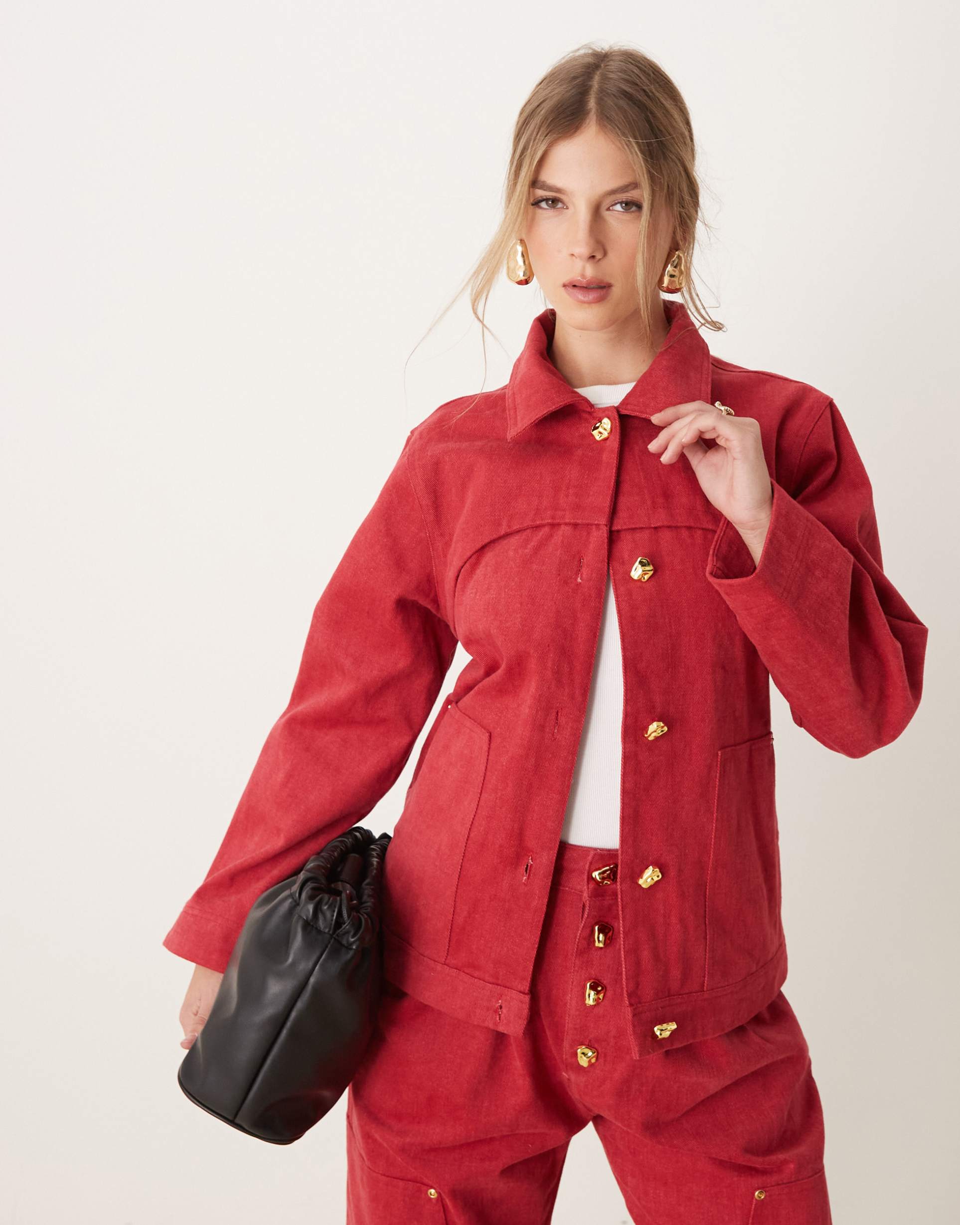 ghospell denim drill jacket in red - part of a set