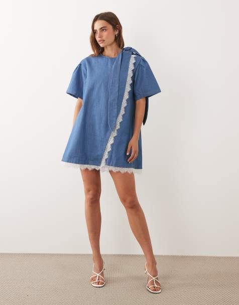 Ghospell denim puff sleeve lace trim wrap detail mini dress in blue - view 1